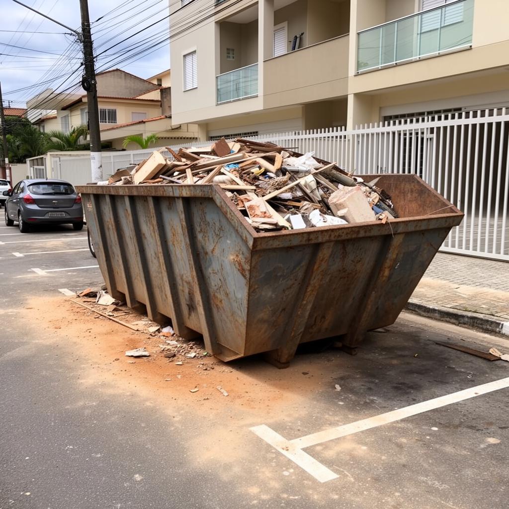 Caçamba tradicional ocupando vaga na rua
